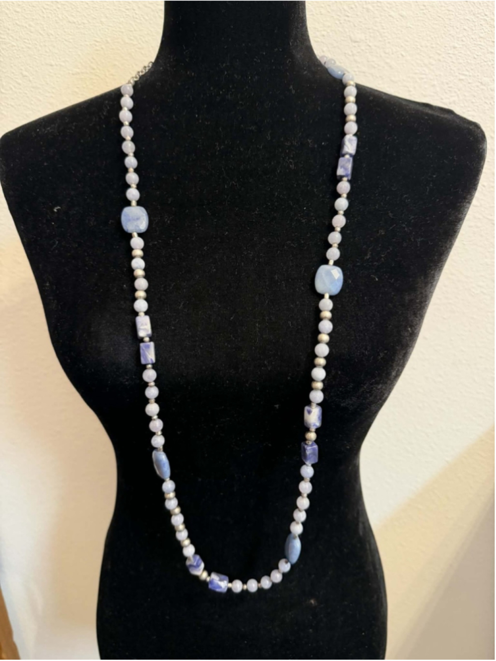 Chico’s Blue Beaded Long iNecklace 3.25oz Silver Tone Boho Statement